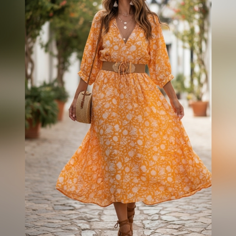 Floral Yellow Boho Dress 3/4 Sleeves Versatile Viscose Lightweight M